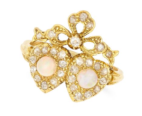 OPAL AND DIAMOND SWEETHEART RING in 18ct yellow gold, set with cabochon opals and old cut diamonds, stamped 18, size N / 7, 4