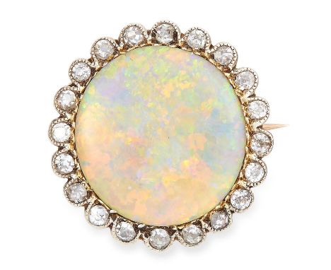 OPAL AND DIAMOND BROOCH in high carat yellow gold, set with a cabochon opal and old cut diamonds, unmarked, 1.8cm, 3.9g.