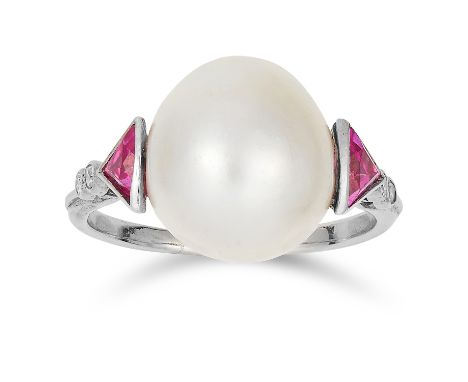 NATURAL SALTWATER PEARL, RUBY AND DIAMOND RING in 18ct white gold or platinum, comprising of a natural saltwater pearl betwee