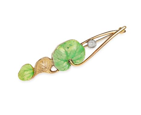 ANTIQUE ART NOUVEAU DIAMOND AND ENAMEL BROOCH in 18ct yellow gold, depicting leaves set with an old cut diamond and enamel, s