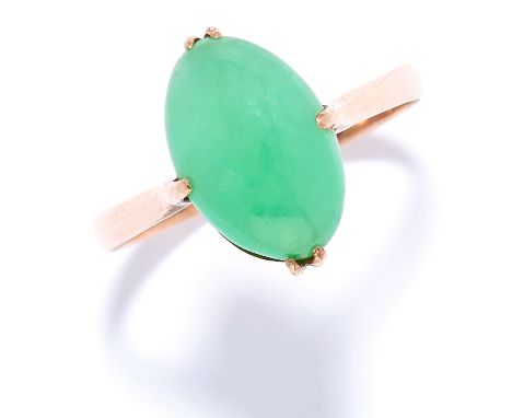 JADE DRESS RING in 14ct yellow gold, set with a cabochon jade, stamped 14, size O / 7, 1.8g.