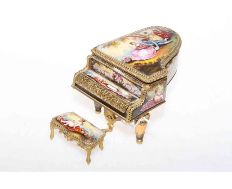 Ornate gilt metal and decorated panel of grand piano and stool musical ring box