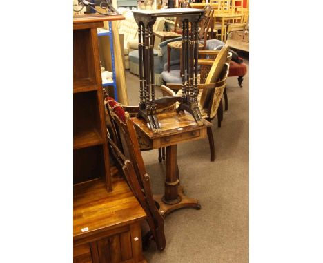 Lacquered nest of two tables, 19th Century pedestal occasional table, folding chair, vintage medical chart, oak picture frame