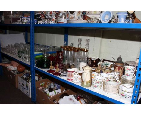 Large collection of glassware, tea service, Stilton cover and stand, Royal Doulton jug, stein, jugs, etc