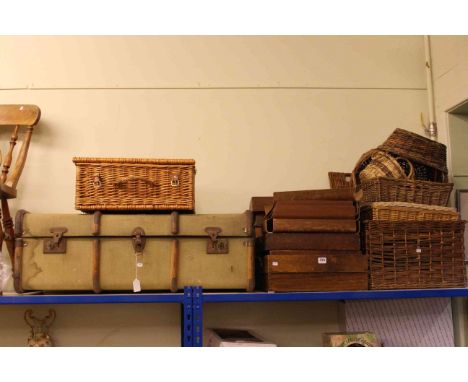 Vintage canvas bound trunk, collection of correspondence trays and collection of baskets