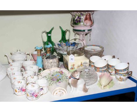 Royal Crown Derby coffee and tea cups, Sylvac wall pocket, table lustre, part tea set, pair of glass ewers, Nao cat, etc