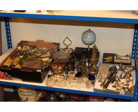 Collection of silver plated ware, cutlery, glassware, small desk, globe, etc