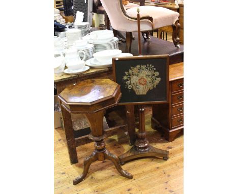 Victorian walnut work table on tripod base and Victorian mahogany pole screen on triform base (2)