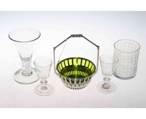 WMF green glass lined basin, pair of circa 1800 port glasses, beaker and cotton twist glass (3)