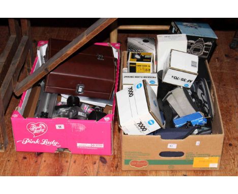 Two boxes of camera equipment including Minolta SLR 7000 and XD5 cameras, assorted lenses, tripod and accessories