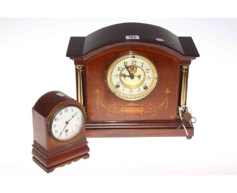 Edwardian mahogany mantel clock with enamel dial and small oak cased clock