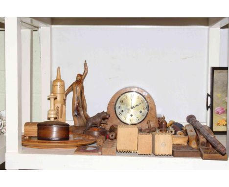 Oak mantel clock, knitting sheaths, vintage wooden cotton bobbins and meat mallets, other wood items, portrait miniature, etc