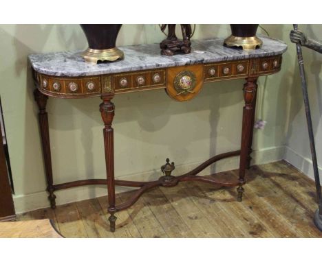 Louis XV style marble topped console table, the frieze decorated with roundels depicting figures in 18th Century dress, 121cm