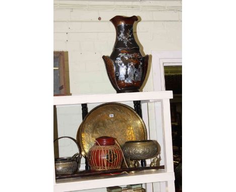 Papier Mache and mother of pearl vase, Eastern brass folding table, two brass planters and jam pan, carved walking stick