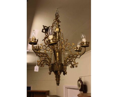 Six branch ornate gilt metal centre ceiling light in Gothic taste