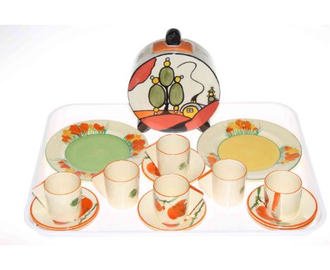 Two Clarice Cliff plates, Lorna Bailey 'Marshland Cottage' jar and Art Deco style coffee set