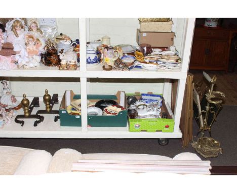 Pair of andirons, collection of pub ashtrays, pottery clock case, brass magazine rack, stick stand, pictures, etc