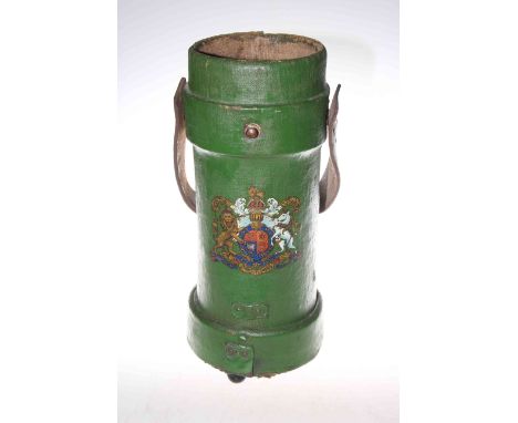 Crested cylindrical stick stand, with green ground and leather handle, 41cm