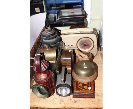 Five assorted vintage lamps, walnut mantel clock, vintage bush radio, inlaid bookslide, table bell, prints, etc