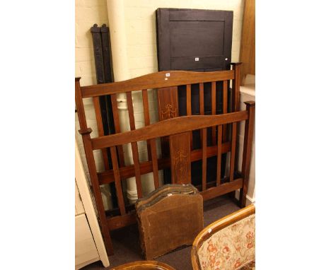 Edwardian inlaid mahogany double bedstead, carved oak two fold screen and small four fold tapestry screen (3)