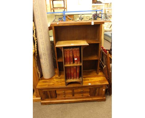 Rectangular hardwood entertainment unit, two oak open bookcases, children's encyclopedia, wall shelf and rug