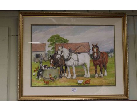 DM Alderson, Three Horses and other Animals at a Water Trough, watercolour, signed and dated 1991 lower right, 36cm by 49cm, 