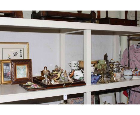 Oriental eggshell tea service, decanter, ornate gilt metal candlesticks, Goebel birds, tiled tray, pictures, etc