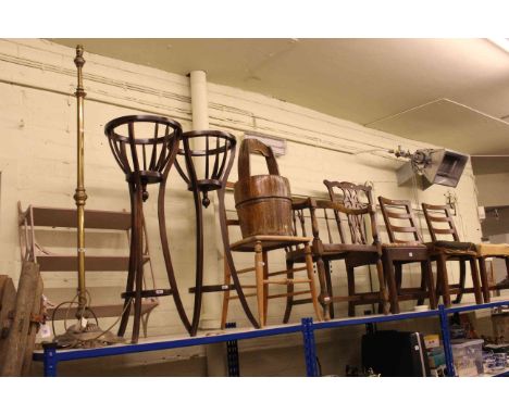 Five various Victorian and later occasional chairs, coopered wood and metal bound pail, pair mahogany plant stands, brass tel