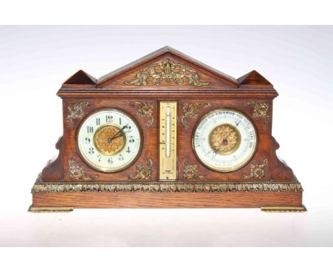 Oak and brass mounted clock/barometer/thermometer