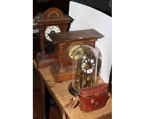 Two mantel clocks, anniversary clock and small pair of binoculars