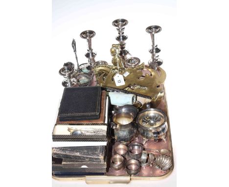 Brass doorstop and wall pocket, collection of silver plate including candelabra, silver salts and napkin rings