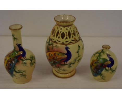 Three  Locke & Co Worcester miniature vases blush ivory with hand painted peacock decoration, H10.5cm approx (tallest) Larges