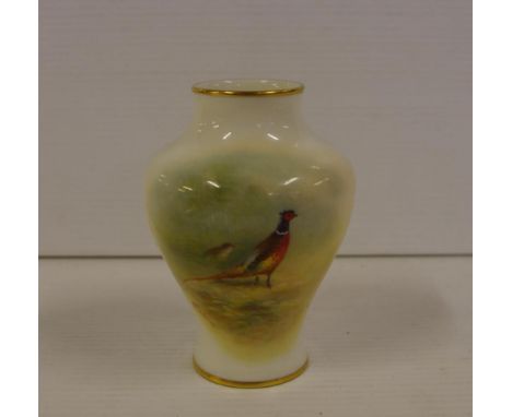 Small Royal Worcester hand painted vase decorated with pheasant circa 1950 signed Maybery, 10.5 cm high