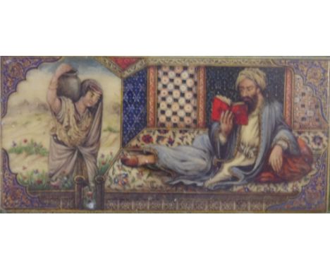 Arab painting on ivory in decorative frame information verso "Persian artist Enami", 5 x 10.5 cm (image), 17 x 21.5 cm (frame