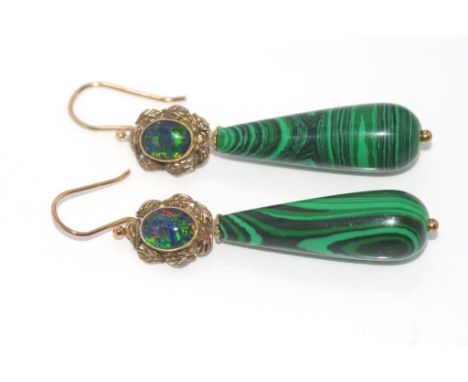 9ct gold, opal and malachite earrings size: approx 5.5cm in length