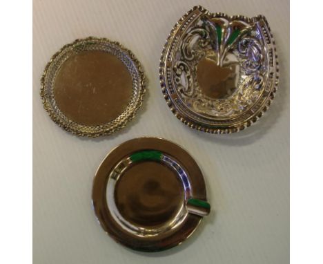 Two sterling silver pierced dishes and an ashtray with various English hallmarks, 75 grams approx