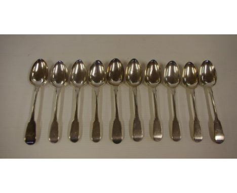 Seven Georgian sterling silver dessert spoons together with 3 similar, fiddle pattern, hallmarked London 1812 & 1842, 412 gra