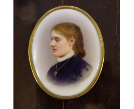 Antique handpainted portrait miniature in an oval brass frame, signed Fr Jill, 9cm high approx.
