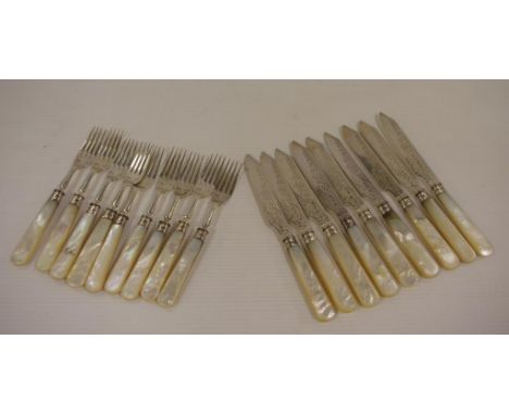 Sterling silver & mother of pearl fruit set for 9 hallmarked Sheffield 1893, (James Deakin & Sons), 19.5 cm long (knives)