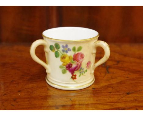 Royal Worcester blush ivory miniature loving cup handpainted floral decoration, 4cm high approx.