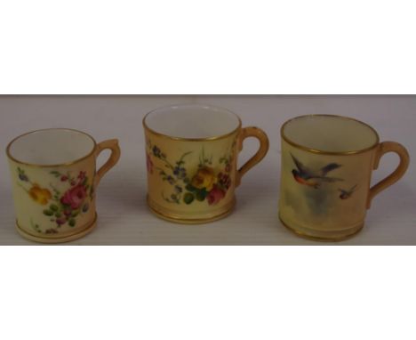 Three Royal Worcester miniature cups pattern: blush ivory with floral decoration, H4cm approx (tallest)