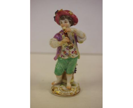 Small antique Miessen figure of a Musician playing recorder.