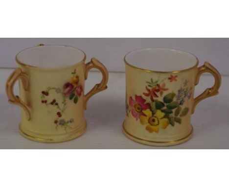 Two Royal Worcester miniature loving cups pattern: blush ivory with floral decoration, H6cm approx (tallest)