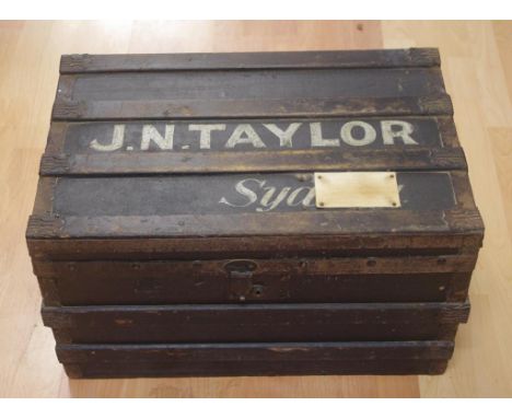 Mid 19thC timber & metal bound cabin trunk 61cm x 39cm, 36cm high approx.
