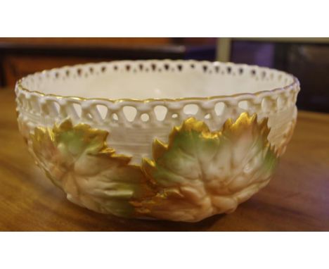 Royal Worcester blush ivory bowl with raised leaf decoration and pierced rim, 17.5cm diameter, 8cm high