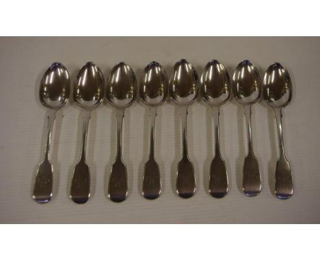 Eight Victorian sterling silver dessert spoons fiddle pattern, hallmarked London 1849 & 1852, 420 grams approx.