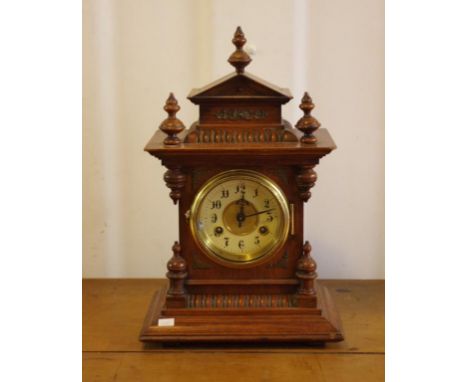Junghans mantle clock with striking movement in timber architectural case, 40cm high