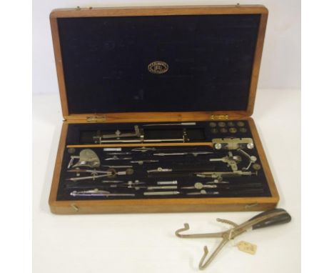 Vintage compass set in original timber box together with a antique dentist tool