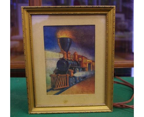 Vintage novelty table lamp of a framed steam train, Classic Paramount Prod., 25cm high approx.