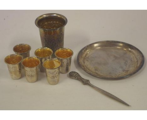 Silver beaker, six shot glasses and a tray beaker stamped sterling, tray and shot glasses 800, 167grams approx
